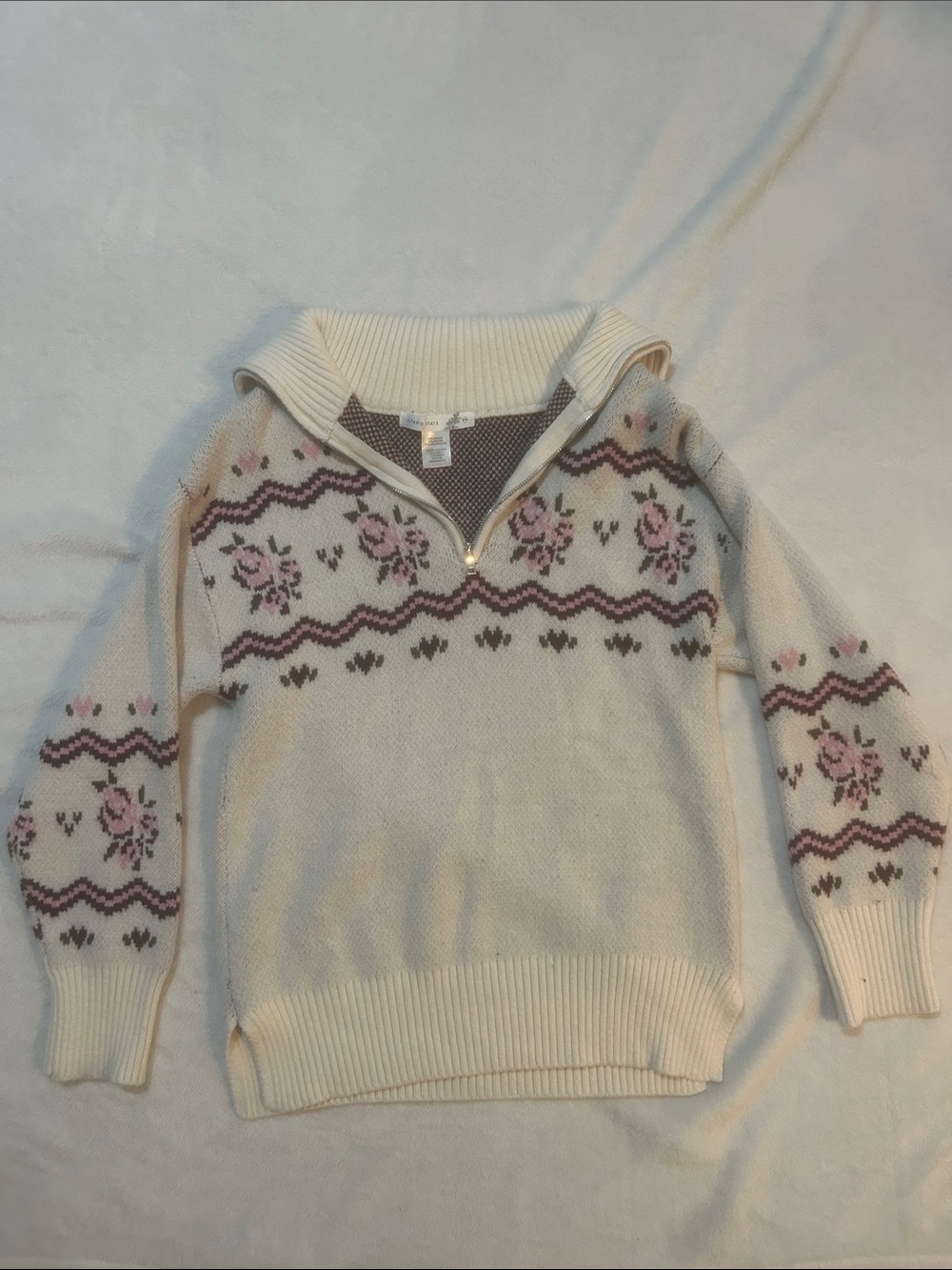 Altar'd State Women’s Sweater Cream Zip-Collar Floral Knit Size XXS